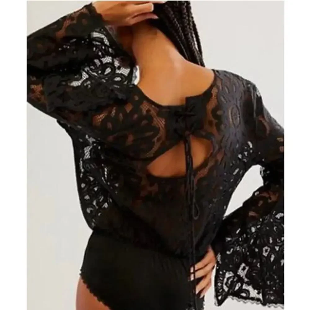 free people black lace flare sleeve‎ bodysuit